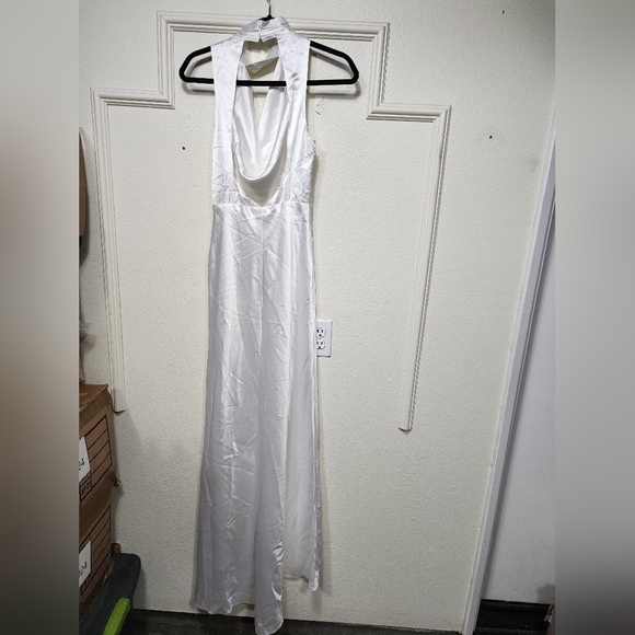 Lulus Gorgeous Vow White Satin Mock Neck Cowl Mermaid Maxi Dress S Wedding Party - Picture 8 of 11